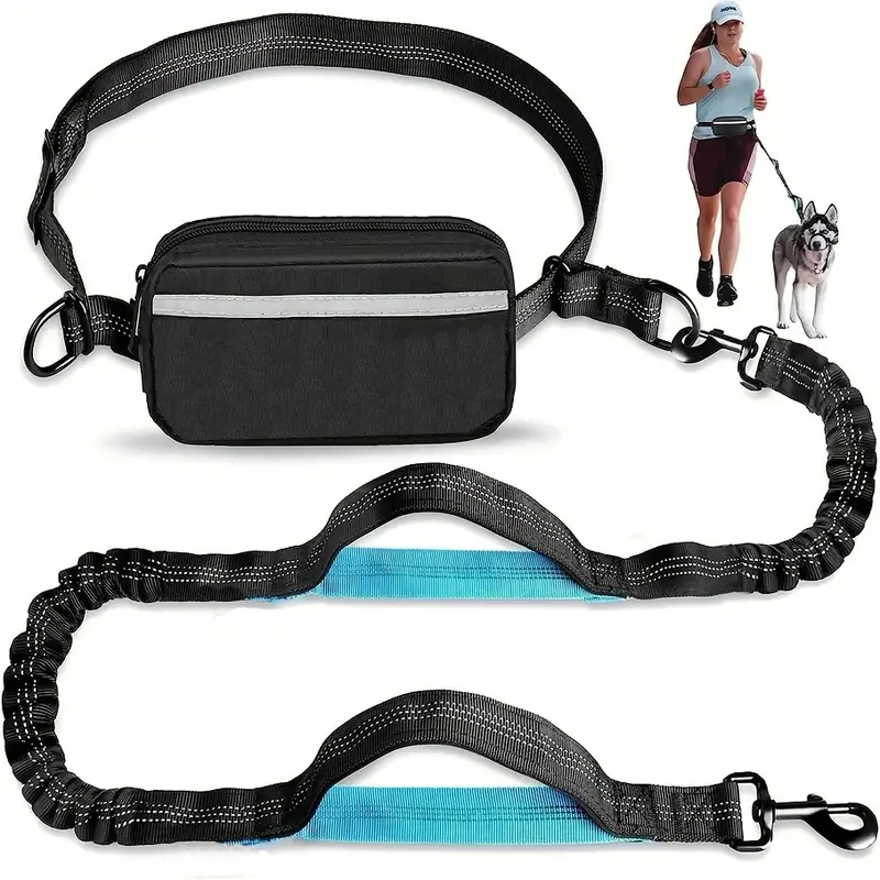 Sack Race Bag - ジッパーポーチ付き無料ドッグリード、中型犬・大型犬用デュアルパッドハンドル付きランニングリード、伸縮式バンジーウエストドッグリード