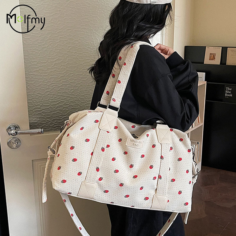 Sack Race Bag - コーデュロイトラベルトートバッグ大容量ストロベリートラベルハンドバッグ靴コンパートメント付きスポーツフィットネスバッグ女性用ドロップシッピング