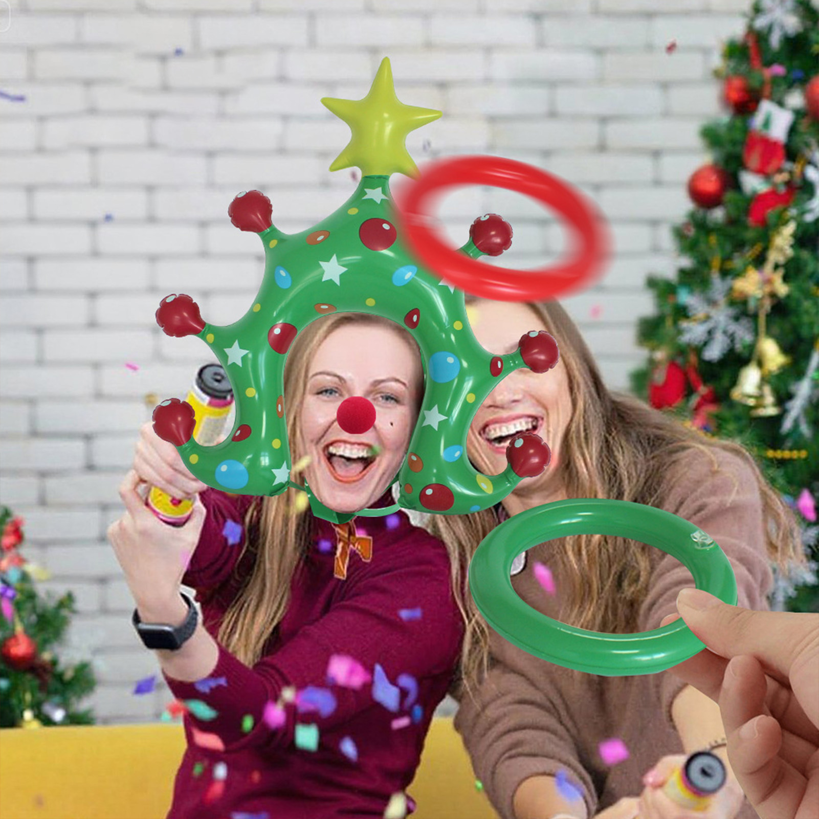 Party Games No Props - クリスマスツリー輪投げゲーム 面白いインフレータブルヘッドバンド 子供と大人向け ホリデーパーティー アクティビティ 家族イベント用小道具