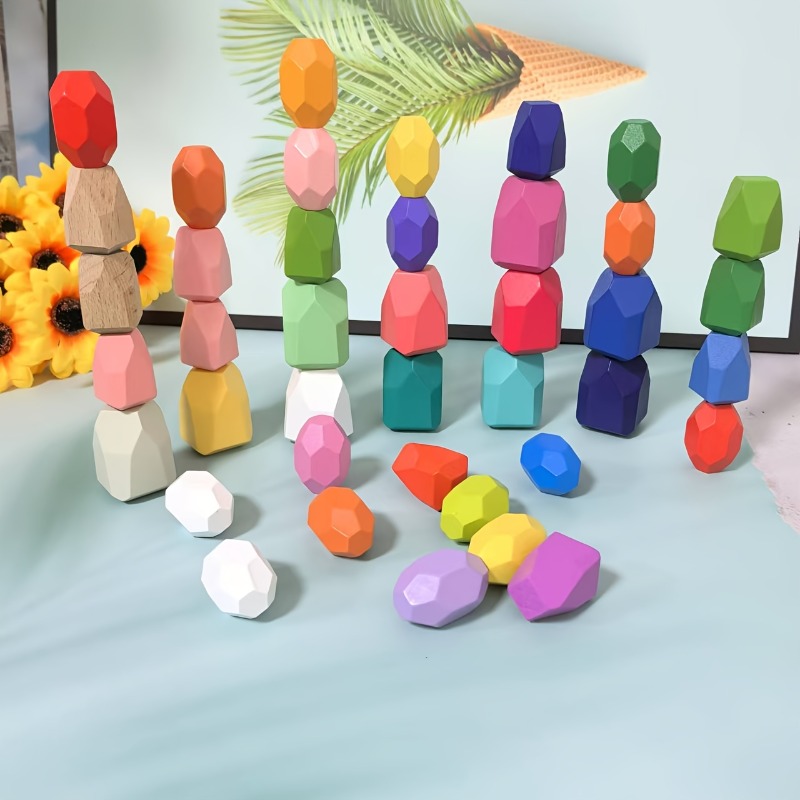 Party Games Easter For Kids - 20個の木製積み重ねバランスストーン、木製スタッカブルストーンタワー、ビルディングブロック、誕生日パーティーゲーム、子供と家の装飾用ギフト